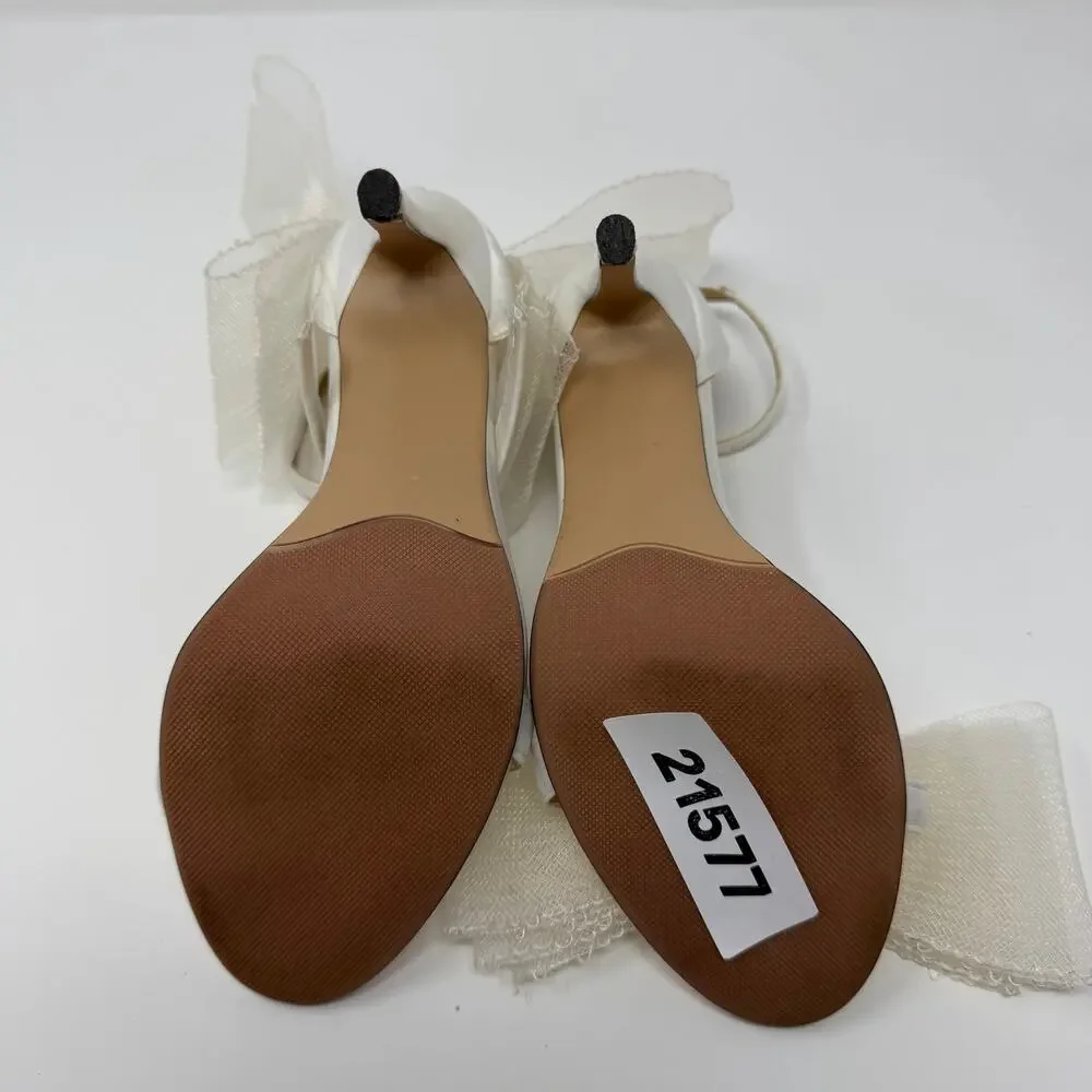 White Satin Bow Ankle Strap Stiletto Heels Size 8